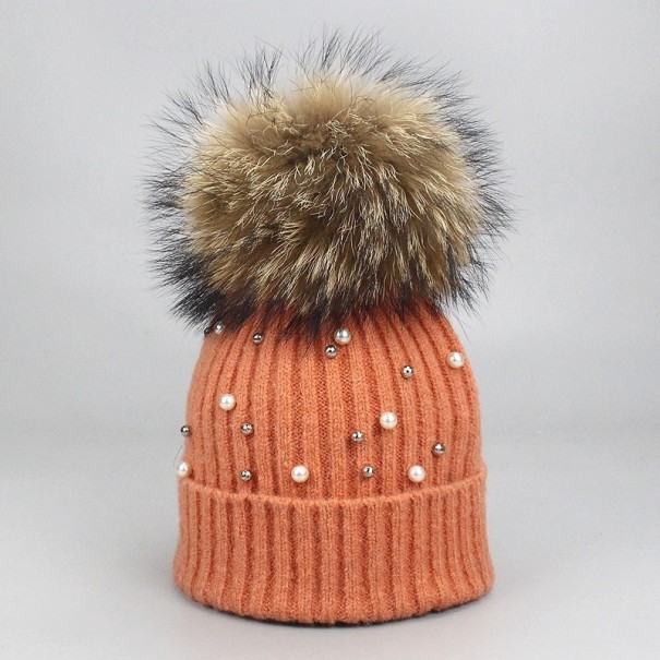 Dames wintermuts met parels oranje