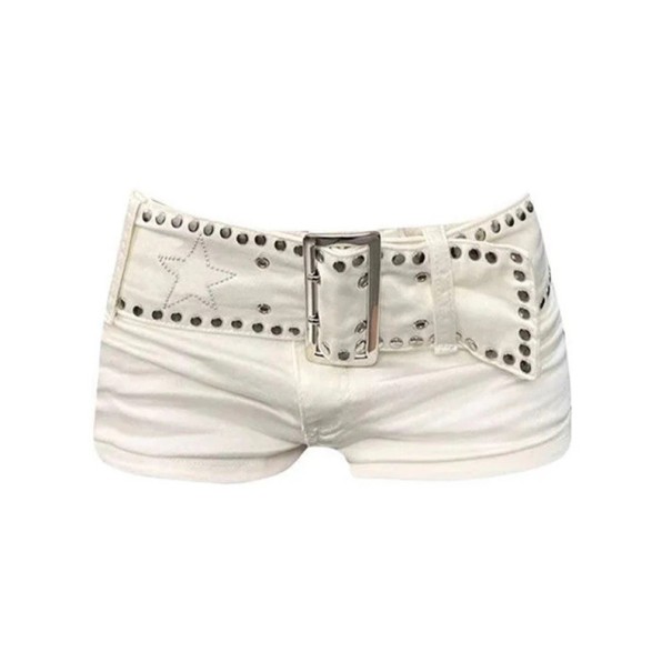 Dames witte denim shorts in cowboystijl met een lage taille en een decoratieve riem met studs korte spijkerbroek voor in de stad en buiten XXL