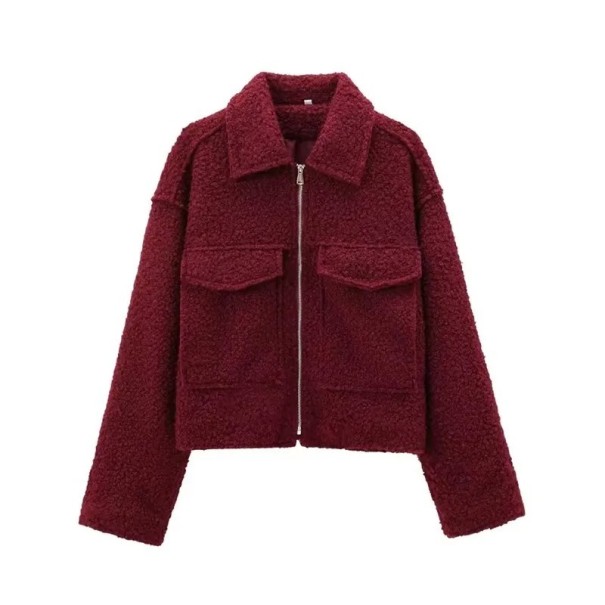 Dames wollen herfstjas met rits Korte snit Reverskraag Twee klepzakken Elegante jas voor de overgangsperiode Stedelijke stijl rood S