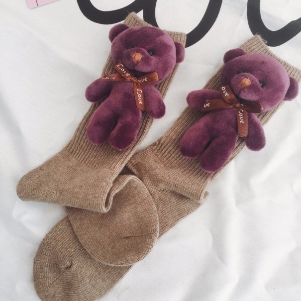 Dames wollen sokken met 3D teddybeer kaki