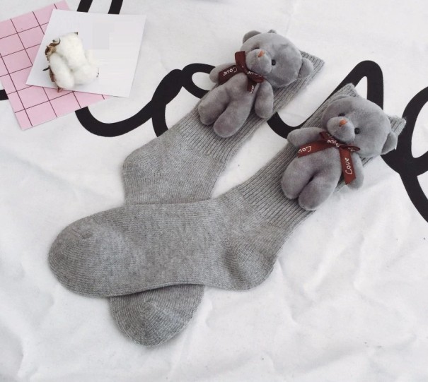 Dames wollen sokken met 3D teddybeer lichtgrijs