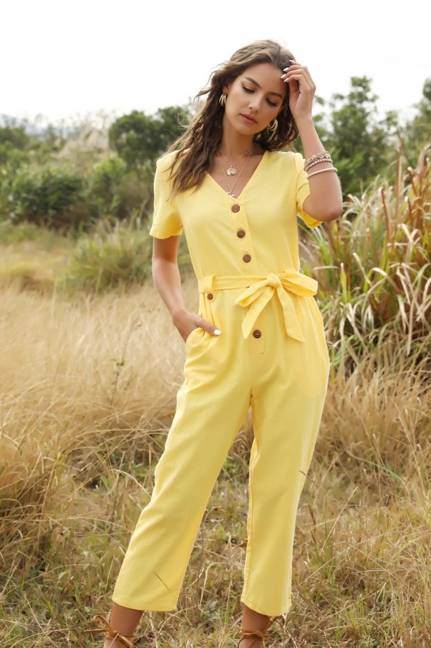 Dames zomer jumpsuit met knopen geel XL