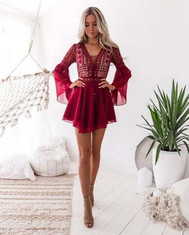 Dames zomer mini jurk P1248 wijnrood M
