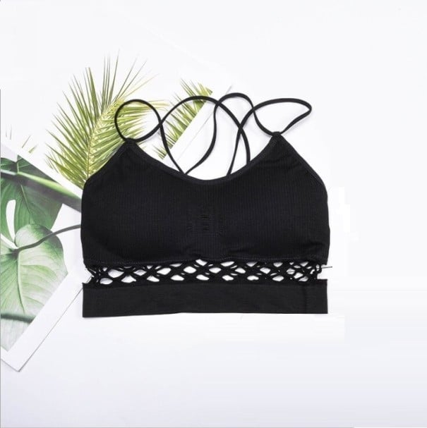 Dames zomerbh met gekruiste schouderbandjes Ribgebreide elastische stof Gaasdoorbraak onder de cups Nylon en polyester Universele maat zwart