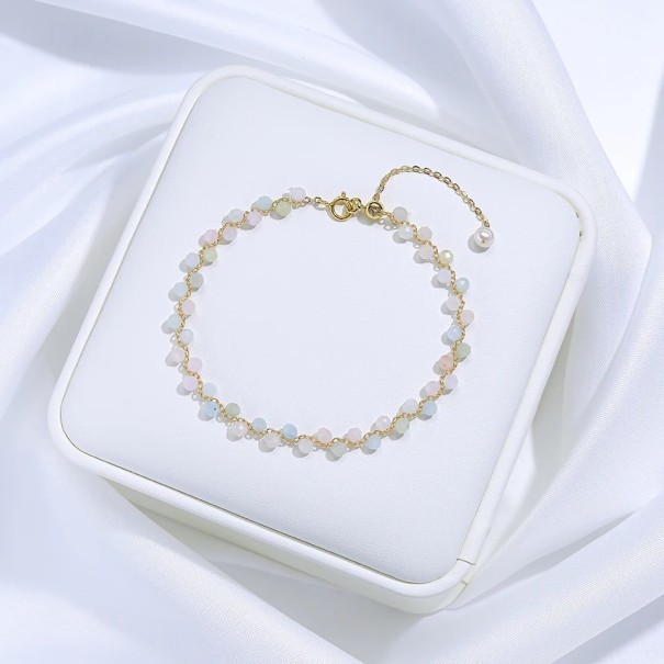 Damesarmband met morganiet geslepen pastelkleurige kralen gouden ketting 16 - 20 x 3 mm steen met decoratieve parel verstelbaar 1
