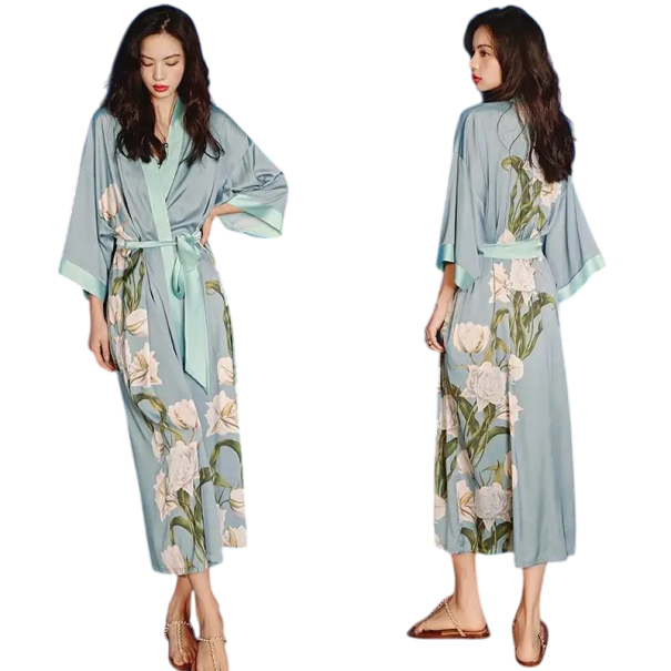 Damesbadjas universele maat Blauwe kleur Met bloemenmotief Striksluiting rond de taille Lichte elegante badjas van kunstzijde en polyester voor thuisgebruik 1