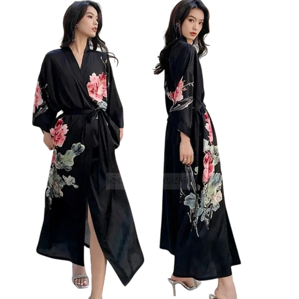 Damesbadjas universele maat Zwarte kleur Met bloemenpatroon Lichte elegante badjas van kunstzijde Striksluiting in de taille Polyester 1