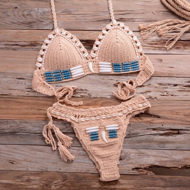 Damesbikini met schelpen beige S