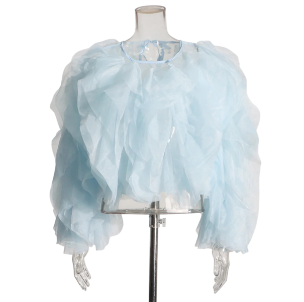 Damesblouse lange mouw Elegante blouse met ruffles Striksluiting achter de nek Katoen Polyester Stijlvolle mode top voor dagelijks gebruik blauw XL