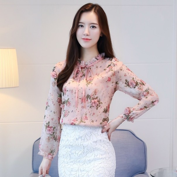 Damesblouse met bloemen en strik roze L