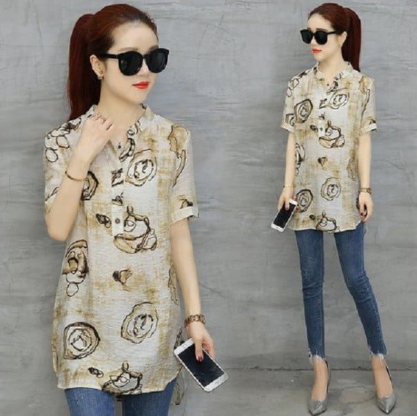 Damesblouse met bloemenprint en korte mouwen Verlengde snit V-hals Afgeronde zoom Mengsel van polyester met acryl en spandex XS 5