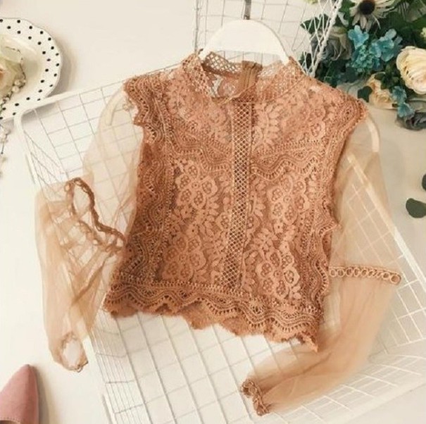Damesblouse met doorschijnende mouwen lichtbruin