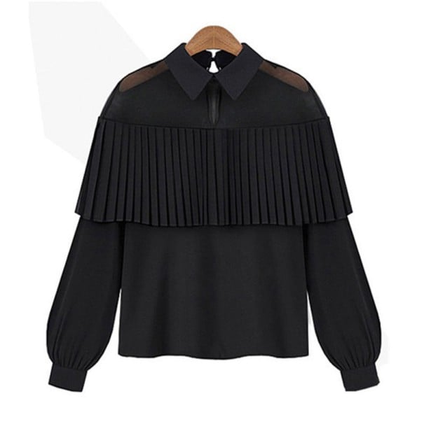 Damesblouse met doorzichtige schouders en een blousekraag Geplooide volant over de borst Lange volants mouwen met manchet Katoen zwart XS