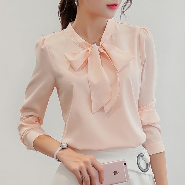 Damesblouse met grote strik bij de halslijn Formele snit Lange mouwen met knoopmanchetten Fijn geraffineerde schouders Polyester en elastaan roze L