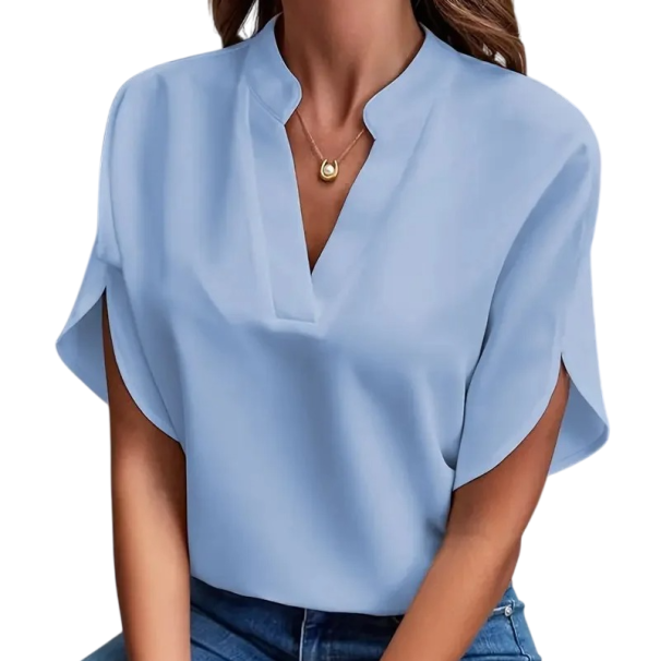 Damesblouse met kraag V-hals Korte mouw Effen elegante blouse van polyester geschikt voor werk blauw L