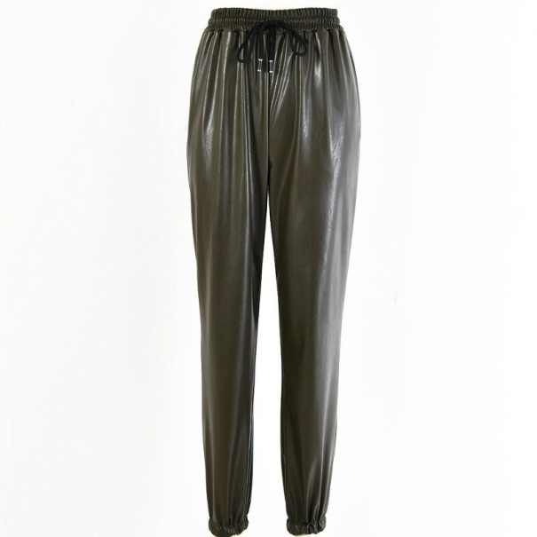 Damesbroek met elastische tailleband van imitatieleer kaki S