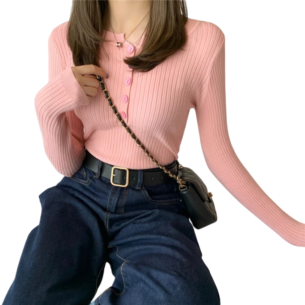 Damescardigan van katoen en polyester met halve knoopsluiting Effen trui met ronde hals Lange mouwen Universele maat roze