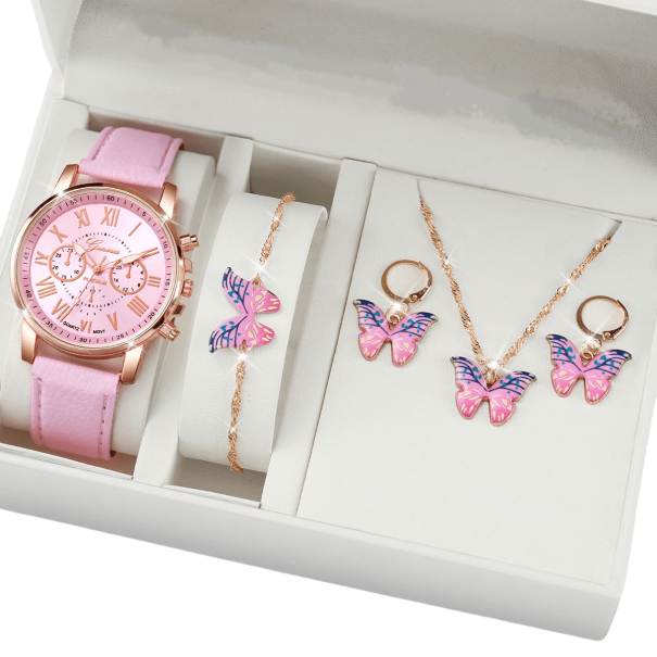 Dameshorloge en sieradenset, roze ketting, armband, oorbellen met vlinder, elegante sieraden voor vrouwen, geschenkdoos 1