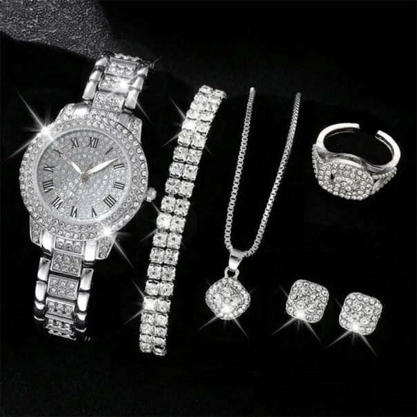 Dameshorloge en sieradenset van legering, kristallen ketting, oorbellen, ring en armband, elegant sieraad, cadeau voor vrouwen