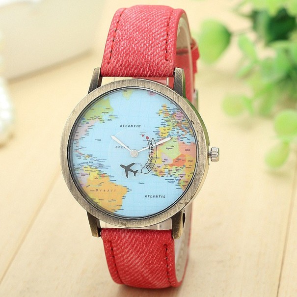 Dameshorloge met wereldkaart J3114 rood