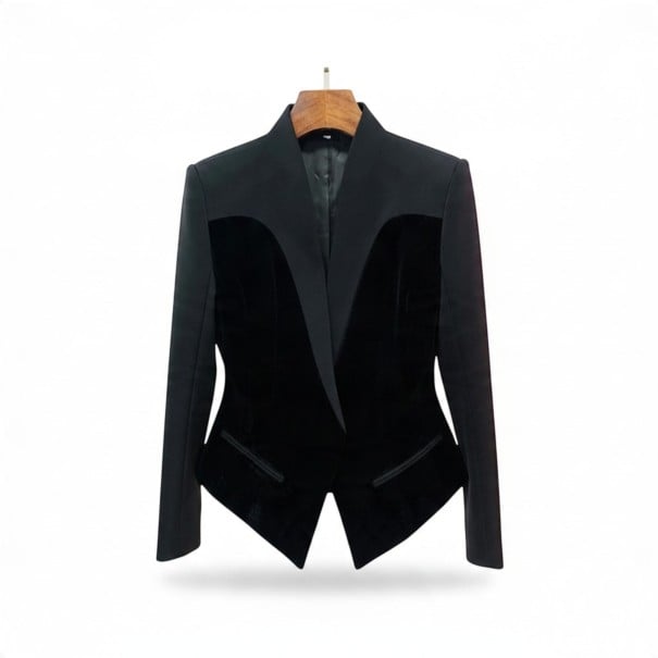 Damesjasje met fluwelen delen Standaard met brede reversen Getailleerde snit Puntige zoom Polyester en katoen Zwart Voor feestelijke gelegenheden M