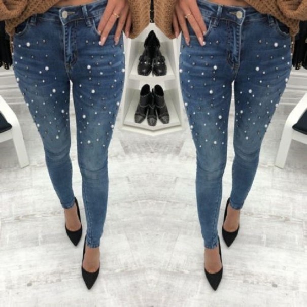 Damesjeans met parels blauw 26