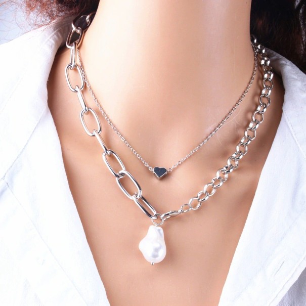 Damesketting met parel en hart zilver