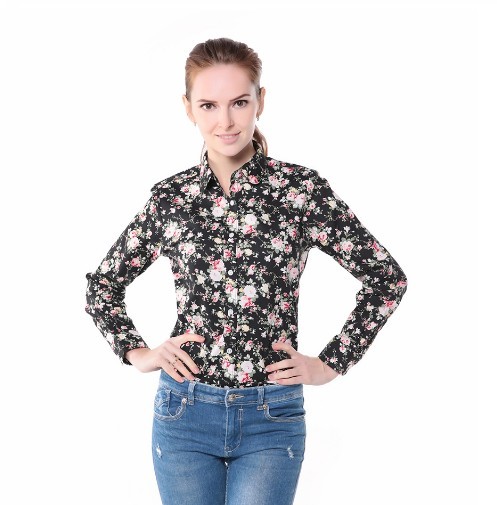 Dameskjorte med blomstermønster - Sort J3328 3XL