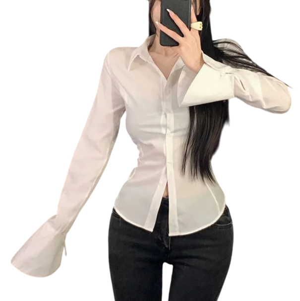 Dameskjorte med lange ærmer Snøre i ryggen Slim fit Lukning foran Elegant bluse til aften og arbejde hvid XS
