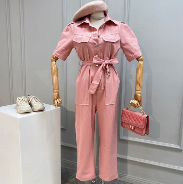 Dameskjortejumpsuit med bindebånd rosa
