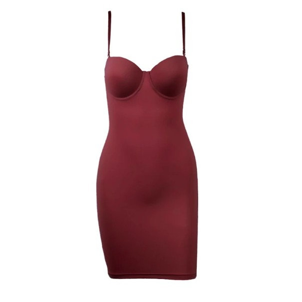 Dameslankekjole med push-up-skåle Sømløs elastisk formende kjole Over knæet modelleringskjole til en slank silhuet Bodycon-kjole til kvinder vinrød M