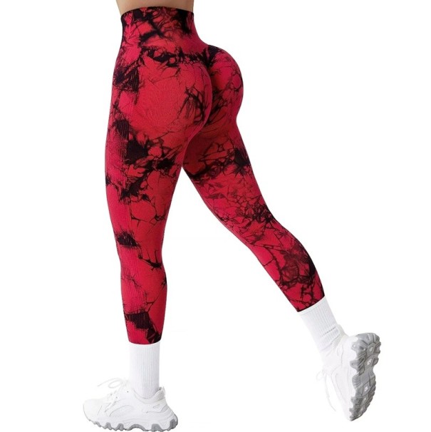 Dameslegging met hoge taille, push-up, naadloze yogabroek met tie-dye-patroon, elastische fitnesslegging voor training en vrije tijd rood S