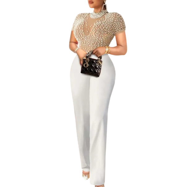 Damesoveral Effen Poldoorzichtig Top met Parels O-Hals Lange Broeken Elegante Snit Nylon beige XXL