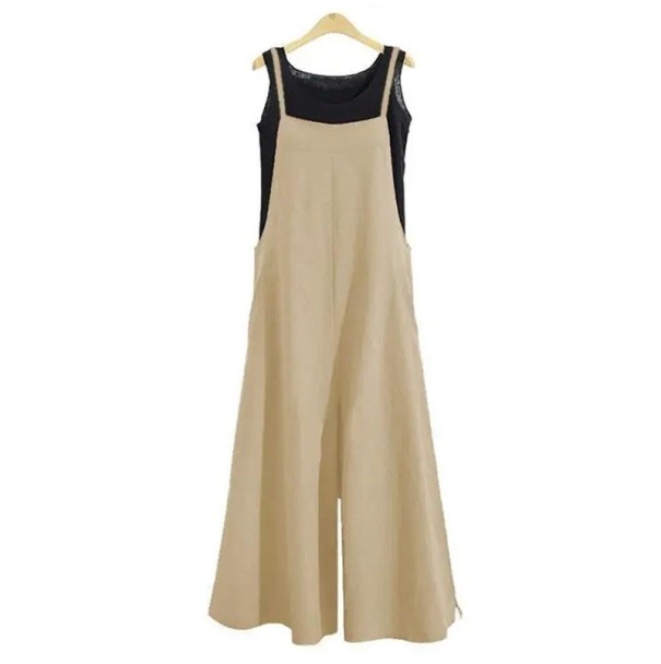 Damesoverall Effen model Brede broekjes Dunne bandjes Mengsel van polyester en katoen Zomeroutfit Vrije snit Modekleding beige XL