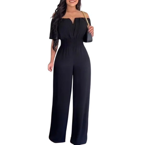 Damesoverall Effen V-hals Korte Mouwen Lange Broeken Lichtgewicht Zomerstijl Comfortabel Polyester Materiaal zwart XL