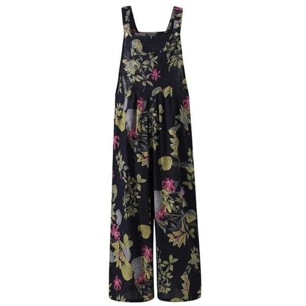 Damesoverall met bloemenprint O-hals Lange broeken Top met brede schouderbanden Licht zomerontwerp Materiaal polyester linnen zwart XS