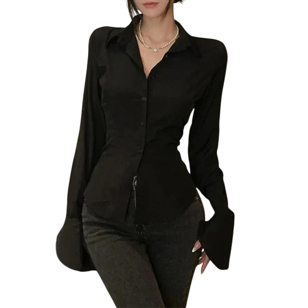 Damesoverhemd met lange mouwen Vetersluiting op de rug Slanke pasvorm Sluiting aan de voorkant Elegante blouse voor &#39;s avonds en op het werk zwart XS