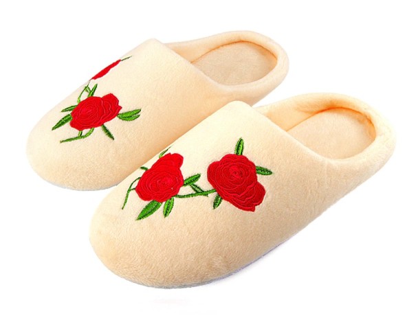Damespantoffels van pluche met rozenprint beige 38