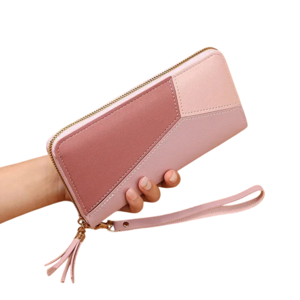 Damesportemonnee met lange rits 10x19x2 cm, meer dan 14 vakken, muntvakje, gelukskwastje, afneembare riem, mini-handtas roze