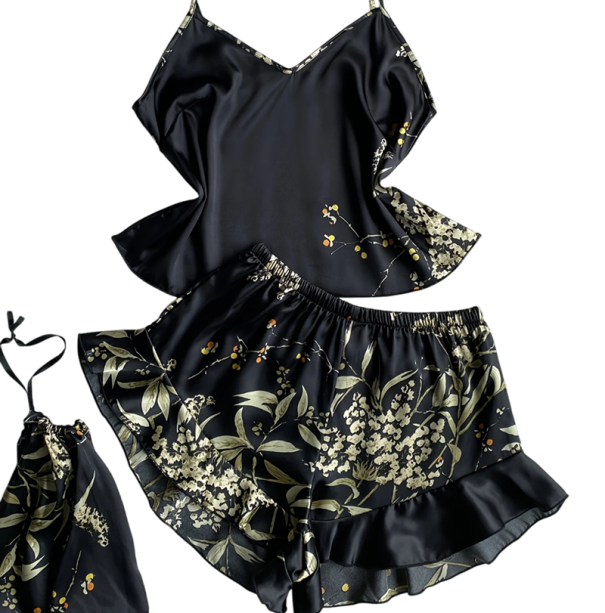 Damespyjama met bloemenmotief Top met V-hals en shorts van lichte polyester Elegante comfortabele zomer set in verschillende kleuren zwart L