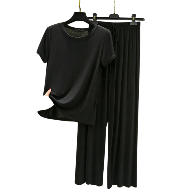 Damespyjama van modal en spandex Effen set met T-shirt met korte mouwen en O-hals Comfortabele lange broek zwart S