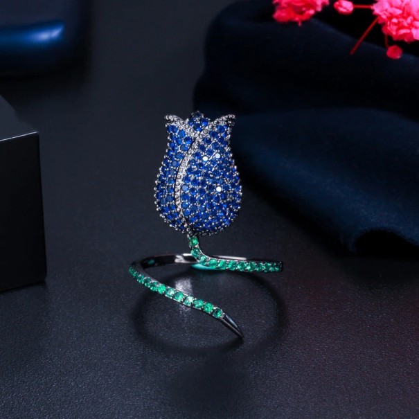 Damesring met bloem D2993 donkerblauw