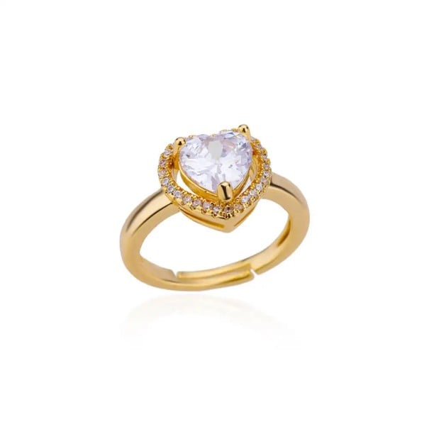 Damesring Open Verstelbare Ring met Hartvormige Edelsteen en Decoratieve Steentjes Elegante Romantische Sieraad goud