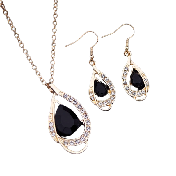 Damesset van ketting en oorbellen met sierstenen V189 zwart