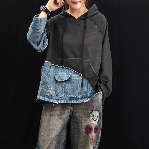 Damessweatshirt met denim inzetstuk zwart