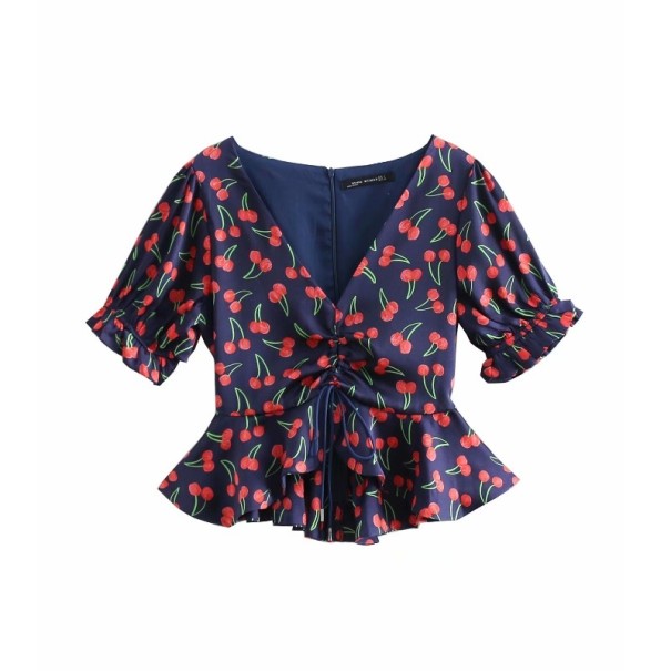 Damestop met kersenprint donkerblauw L