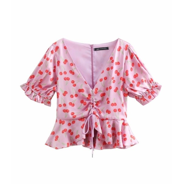 Damestop met kersenprint roze M