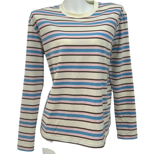 Damestribet langærmet T-shirt Moderigtig afslappet T-shirt med rund hals Elegant retrostil til byen og derhjemme blå M