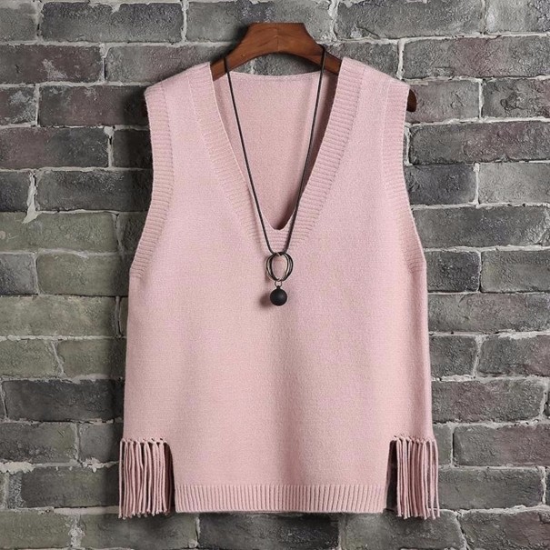 Damestrikvest med frynser rosa