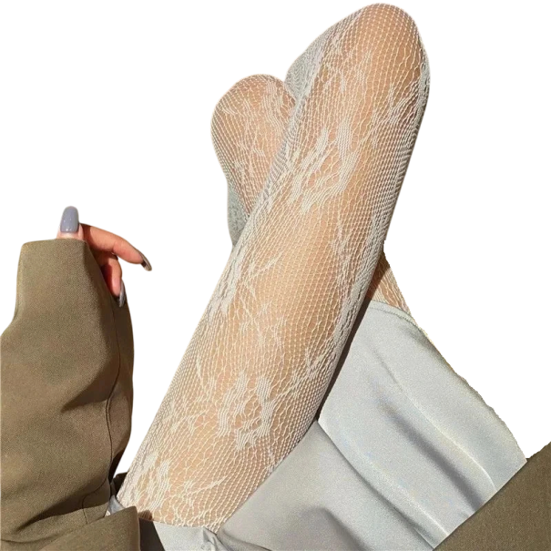 Damestrømper med blondemønster, elegante, gennemsigtige strømper med blomstermønster, romantiske elastiske strømpebukser hvid